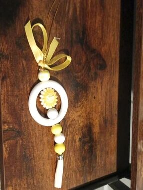 Yellow and White Decorative Beaded Rearview Mirror Tassel